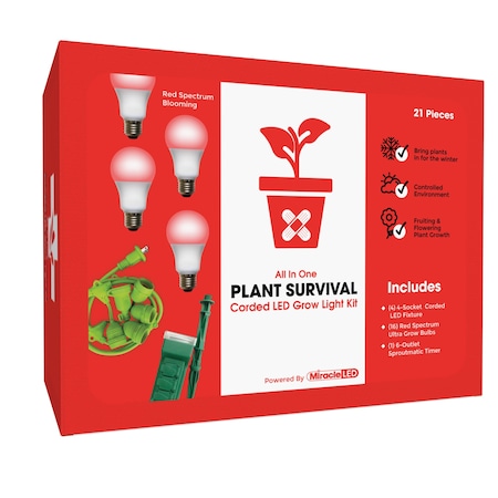 Miracle Led 4-Socket Plant Survival Grow Light Kit- Red Spec. 12W Replace 150W Grow Bulbs w/ Timer, 4PK 802352